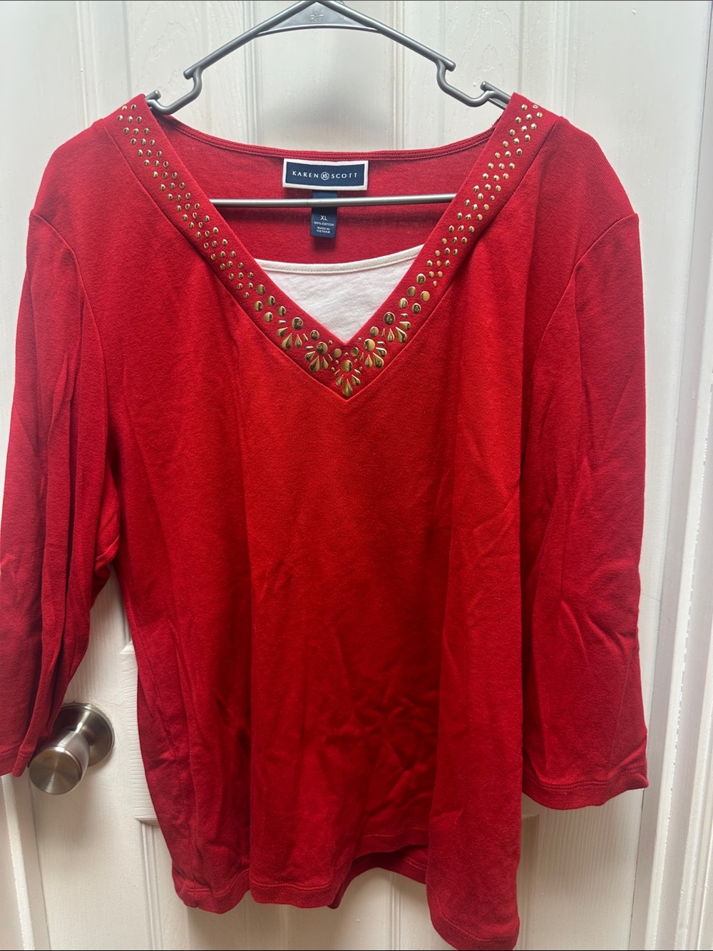 Karen Scott Red V-Neck Studded Tunic Top